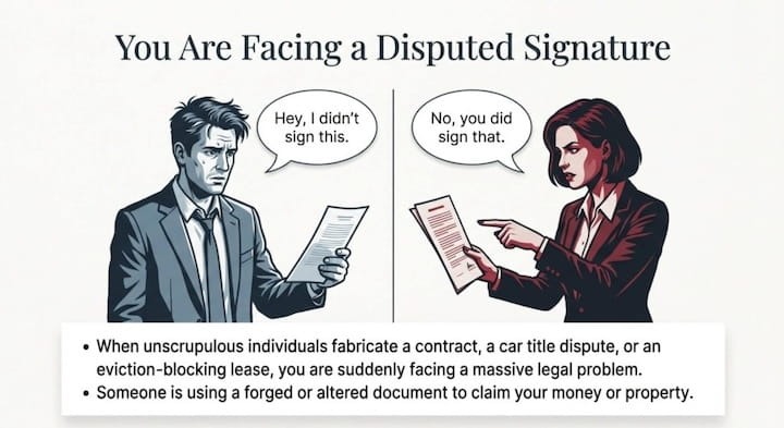 Bart Baggett, forensic document examiner, illustrates two people in a disputed signature confrontation over a forged document.